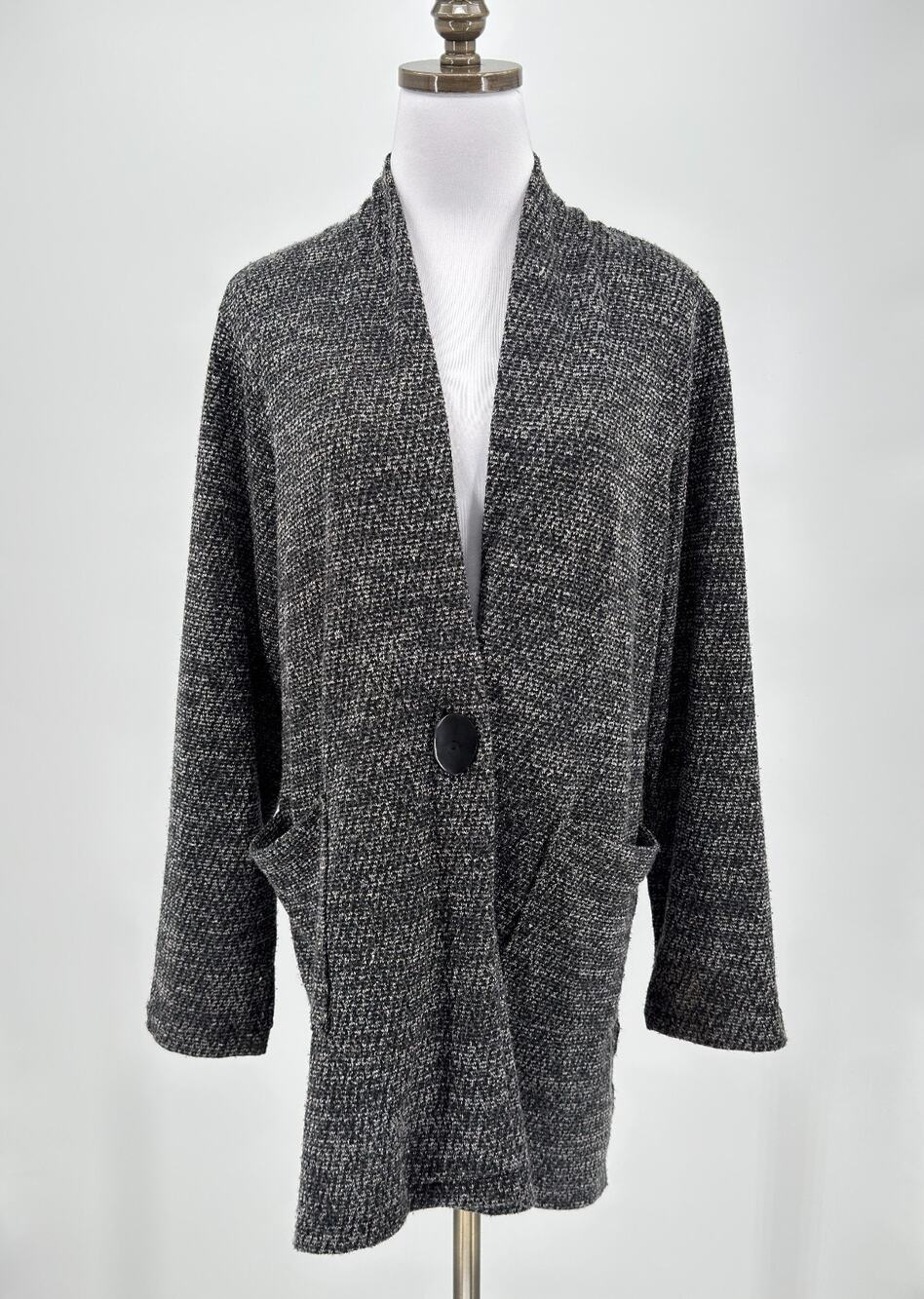 Paco Soler Black White Knit Single Button Relaxed Long Cardigan Jacket